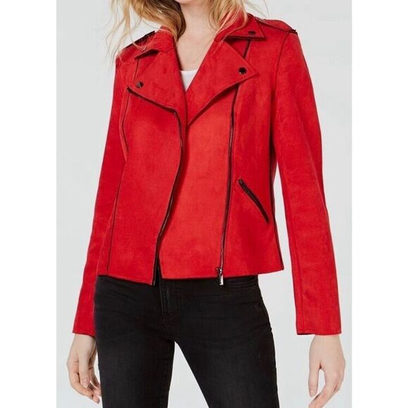KUT FROM THE KLOTH Size Large  Red Faux Suede Drape Moto Jacket Women's - Picture 9 of 9